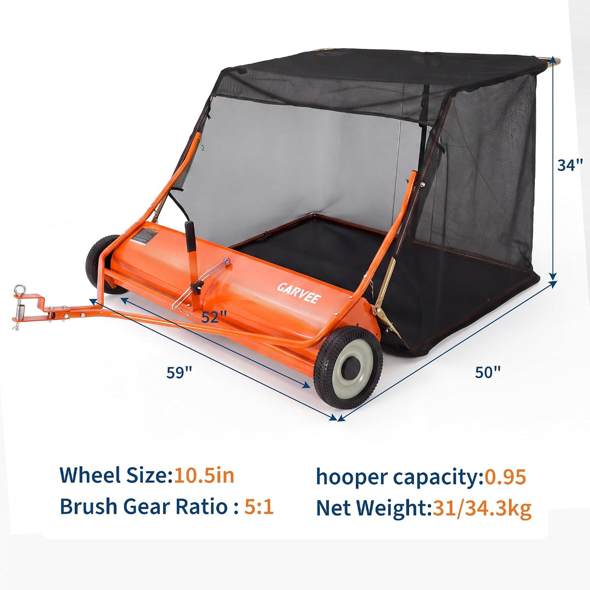 Garvee 52 in Tow-Behind Lawn Sweeper, High Hopper, Orange