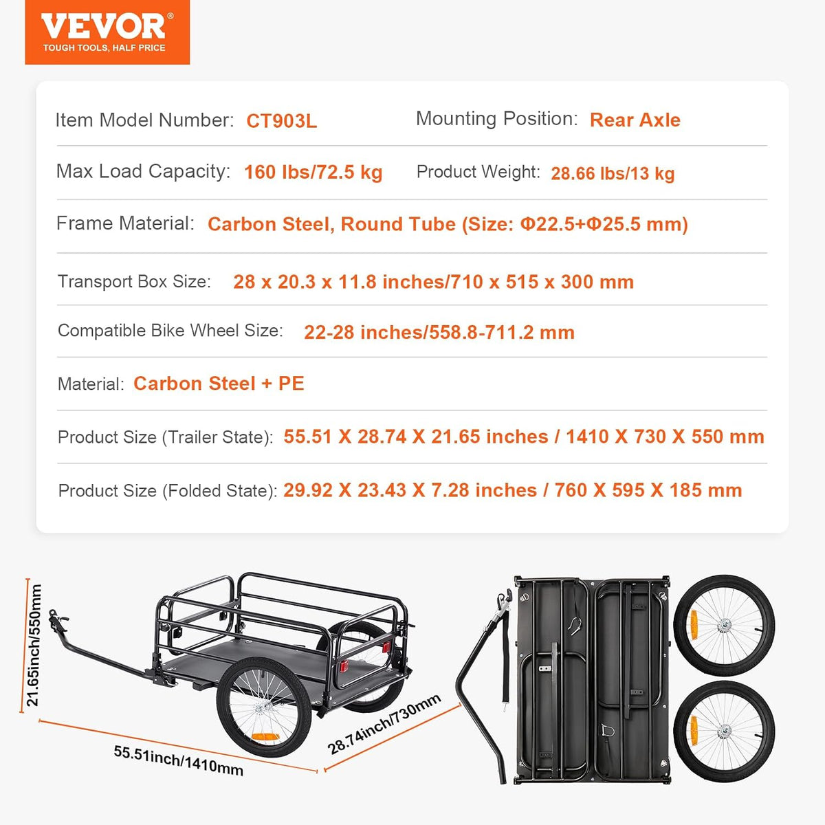 VEVOR Bike Cargo Trailer, 88/100/130/160 lbs Load Capacity, Heavy-Duty Bicycle Wagon Cart, Foldable Compact Storage with Universal Hitch