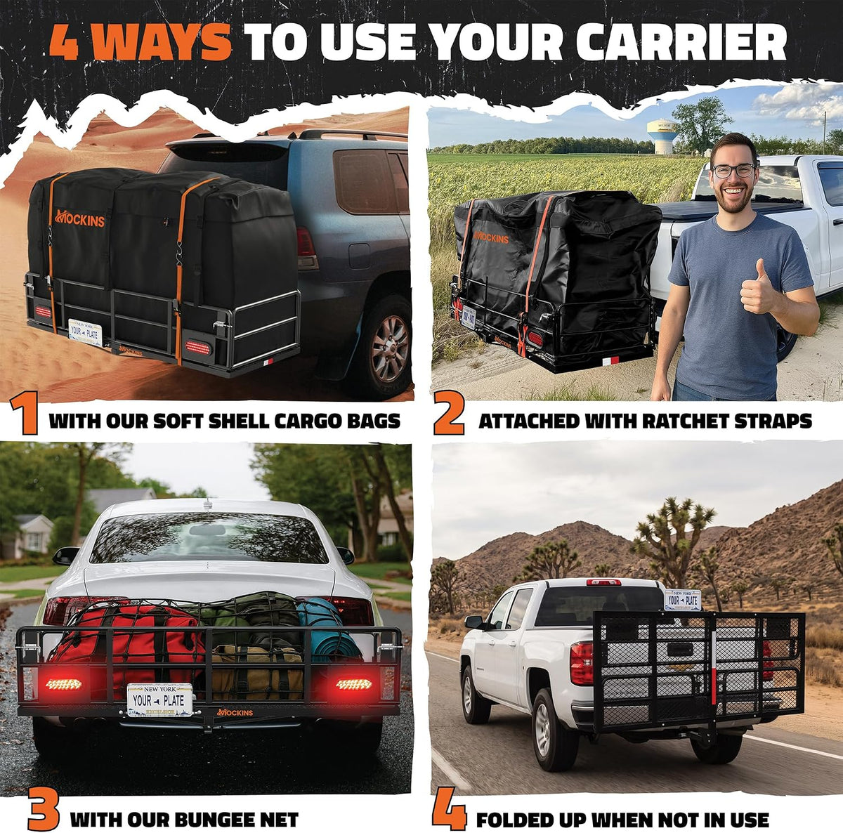 Mockins 66"x30"x14" High Rail Trailer Hitch Cargo Carrier with 500 Lbs Cap