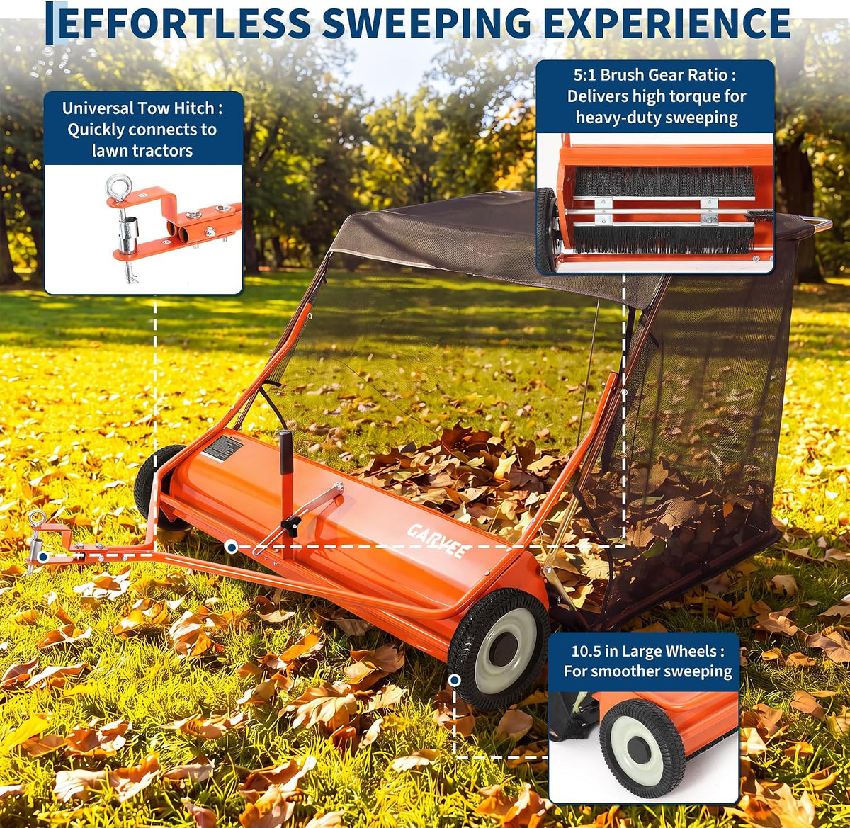 Garvee 52 in Tow-Behind Lawn Sweeper, High Hopper, Orange